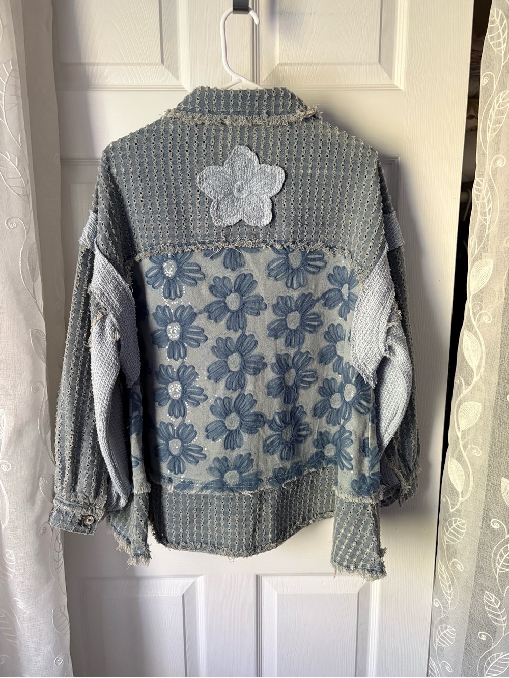 POL Mesh Patchwork Boho Floral Denim Shacket Embroidered Distressed women Sz S - Picture 8 of 12